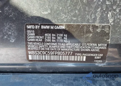 2015 BMW M3 from USA, damaged, VIN WBS3C9C59FP805777